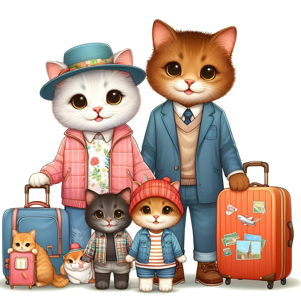 Plusieurs chats de la même famille avec leurs valises pour venir à l'hôtel pour chats en pension