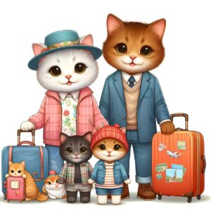 Plusieurs chats de la même famille avec leurs valises pour venir à l'hôtel pour chats en pension