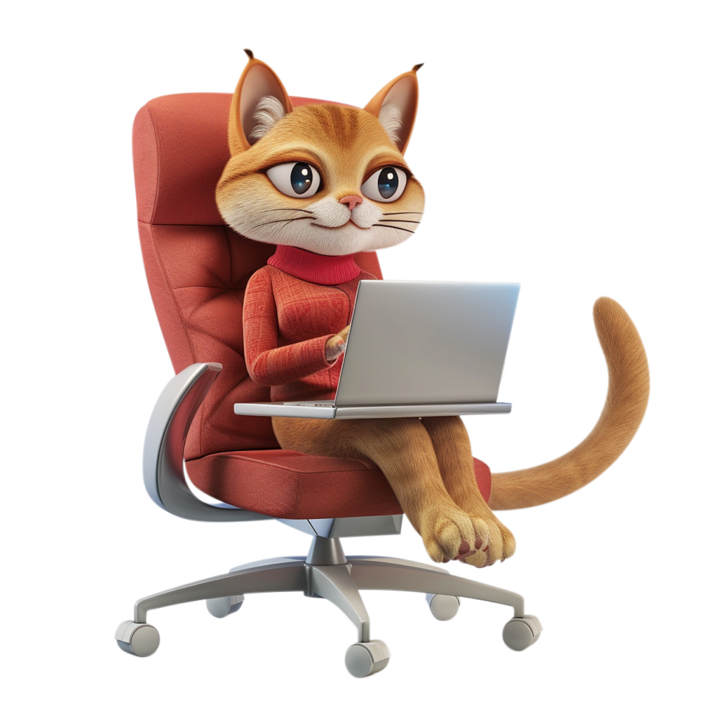 Chat secrétaire assis sur un fauteuil de bureau avec un ordinateur sur les genoux pour prendre des réservations du chat o relais et répond aux contacts