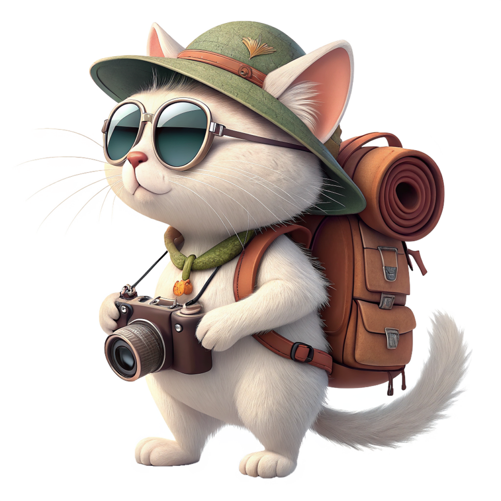 Chat venant à l'Hôtel pour chats pour un séjour avec son sac à dos et appareil photo